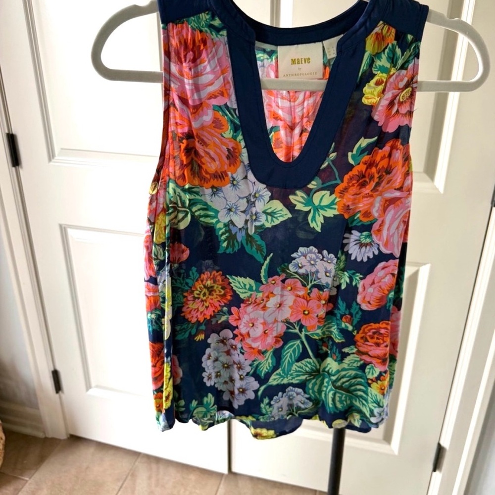 Maeve Anthropologie Floral Tank Blouse Navy Multicolor Sleeveless Size 2